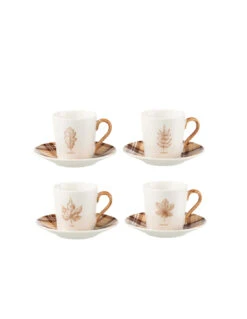 Boîte De 4 Tasses à Café + Soucoupe Feuille Windownbox Céramique Marron Petit