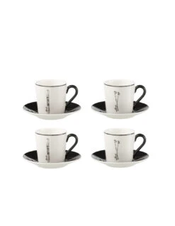 Boîte De 4 Tasses à Café + Soucoupe Windownbox En Céramique Noir/blanc Petit