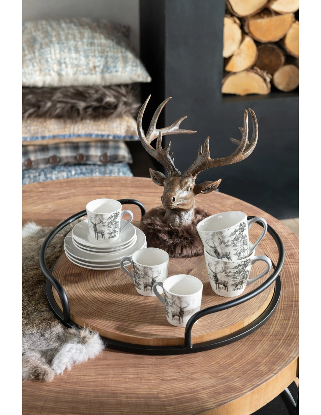 Boîte De 4 Tasses à Thé + Soucoupe Cerf Windownbox En Céramique Blanc/marron Grand 4 Boîte De 4 Tasses à Thé + Soucoupe Cerf Windownbox En Céramique Blanc/marron Grand – Image 4