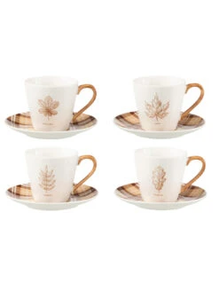 Boîte De 4 Tasses à Thé + Soucoupe Feuille Fenêtre En Céramique Marron Grand
