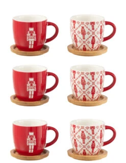 Boîte De 6 Tasses à Café + Soucoupe En Bambou Casse-noisettes Windownbox Céramique Rouge