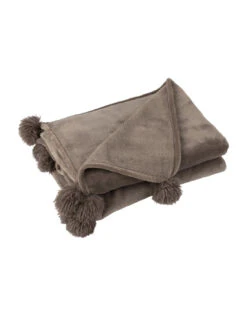 Plaid Pompon Polyester Taupe Fonce