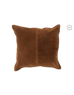 Cousu Coussin Carré En Cuir Cognac