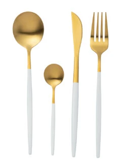Couverts De Table En Acier Inoxydable Mat Doré Et Blanc De 24 Pièces