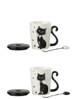 Impression De Tasse Chat + Couvercle + Cuillère Porcelaine Blanc / Noir Assortiment De 2 -Magasin De Meubles De Qualité impression de tasse chat couvercle cuillere porcelaine blanc noir assortiment de 2 2