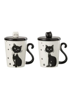 Impression De Tasse Chat + Couvercle + Cuillère Porcelaine Blanc / Noir Assortiment De 2