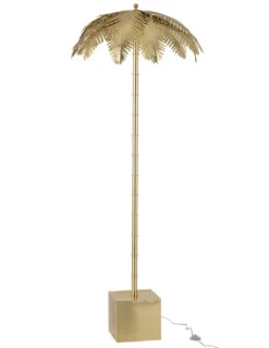 Lampe En Acier Doré Avec Des Feuilles De Noix De Coco Debout