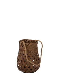 Lanterne Tissée Ronde En Bambou/verre Brun Foncé Petit