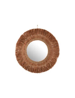 Miroir Suspendu Rond En Jonc De Raphia Marron
