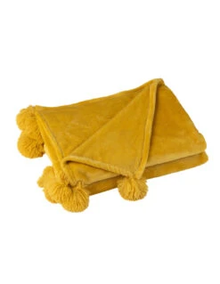 Plaid à Pompons En Polyester Ocre