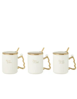 Tasse + Cuillère Noël Céramique Blanc/Or Assortiment De 3