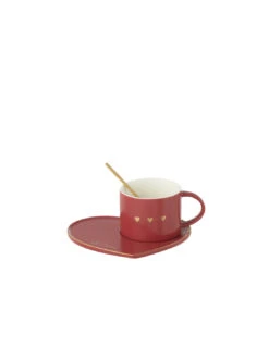Tasse + Soucoupe + Cuillère 3 Cœurs Céramique Rouge