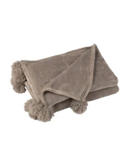 Plaid Pompon Polyester Taupe