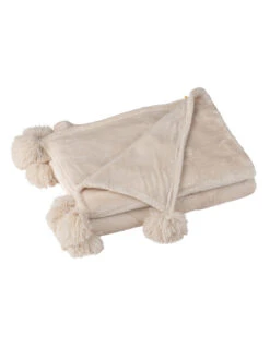 Plaid Pompon Polyester Beige Clair