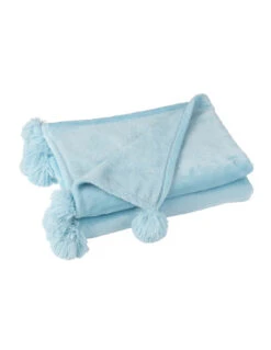 Plaid Pompon Polyester Bleu Ciel