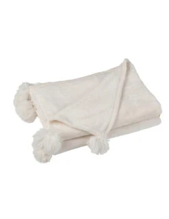 Plaid Pompon Polyester Creme