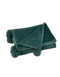 Plaid Pompon Polyester Vert Fonce